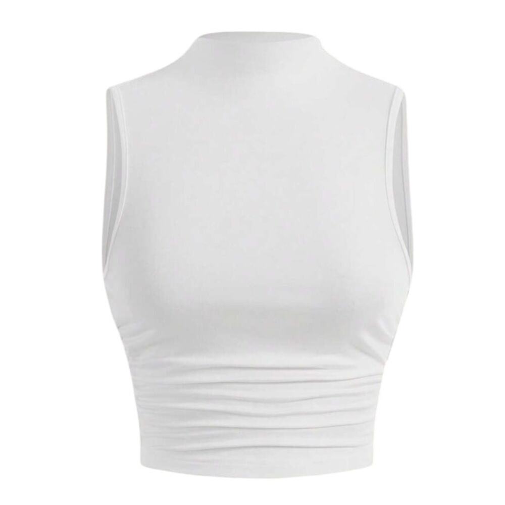 Mock Neck Ruched Side Tank Top in White, Size L